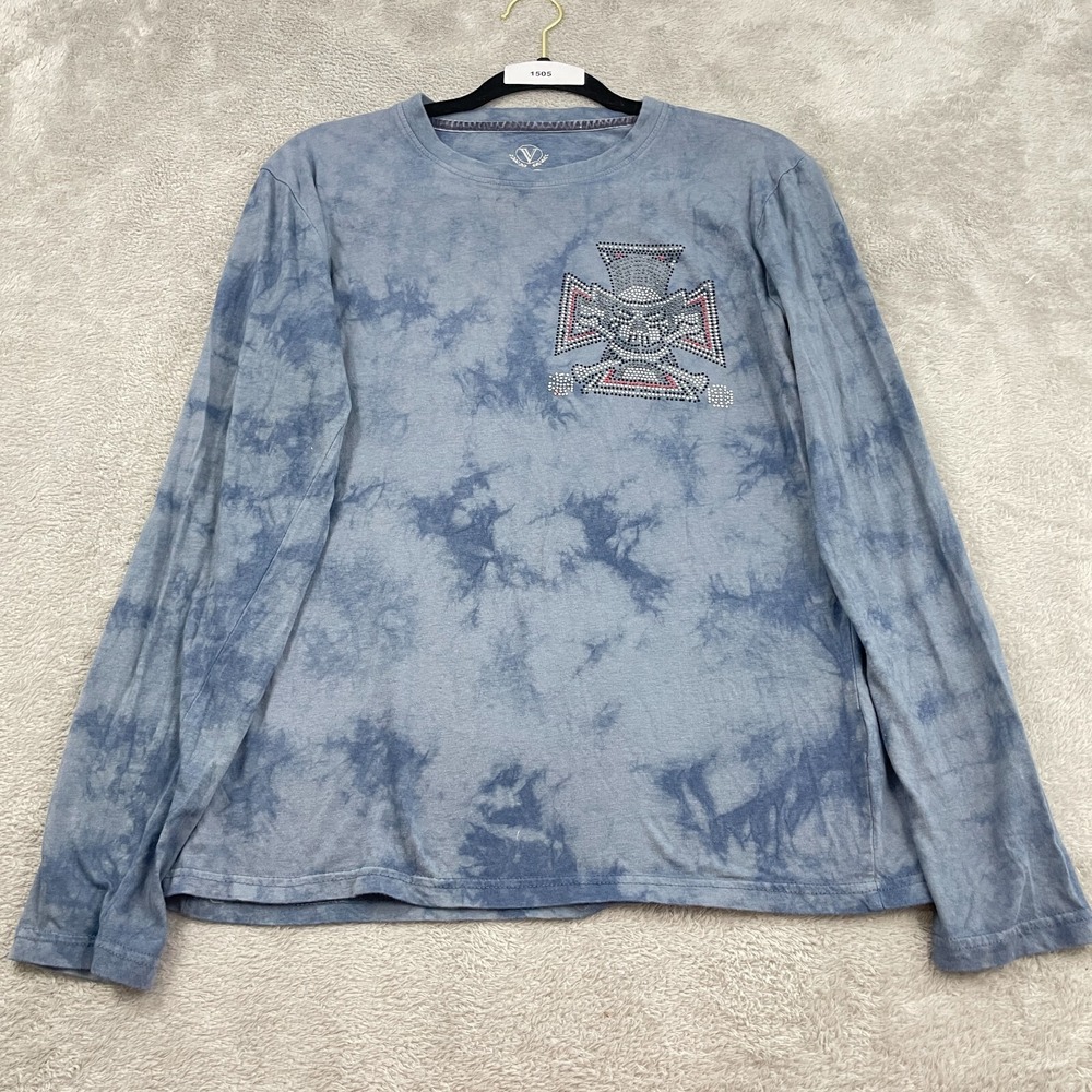 VIGO T-Shirt Mens S Blue Tie Dye Long Sleeve Jeweled Skull‎ Motorcycle Grunge